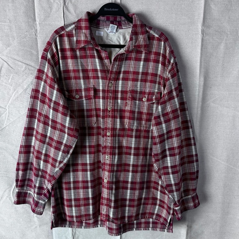 Red Plaid Cotton Flannel Button Down Shirt Mens Long Sleeve Herringbone Pattern